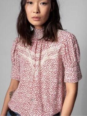 Women's Zadig & Voltaire Tiny Heart Printed Lace-Yoke Blouse